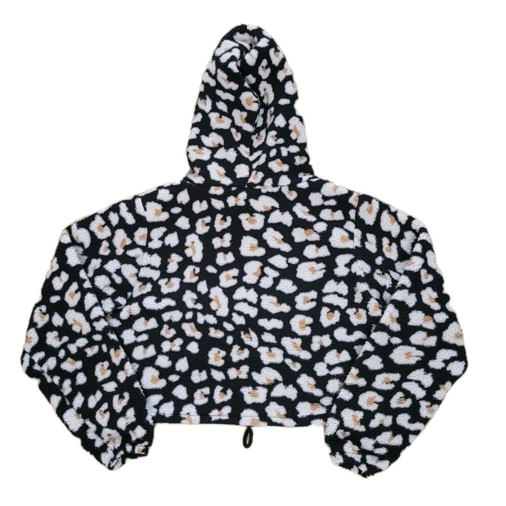 Wild Fable Cropped Hoodie Womens M Black White Animal Print Fleece Pullover - Picture 2 of 12